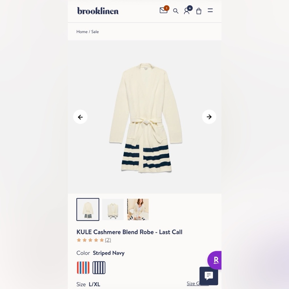 Brooklinen Striped Navy Cashmere Blend Robe